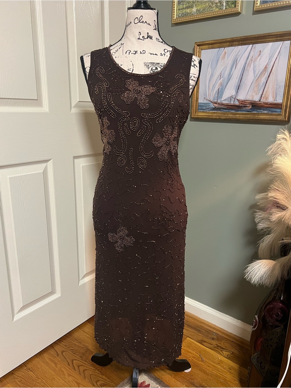 Vintage Brown Beaded 90s Whimsigoth Midi Dress Size M/L